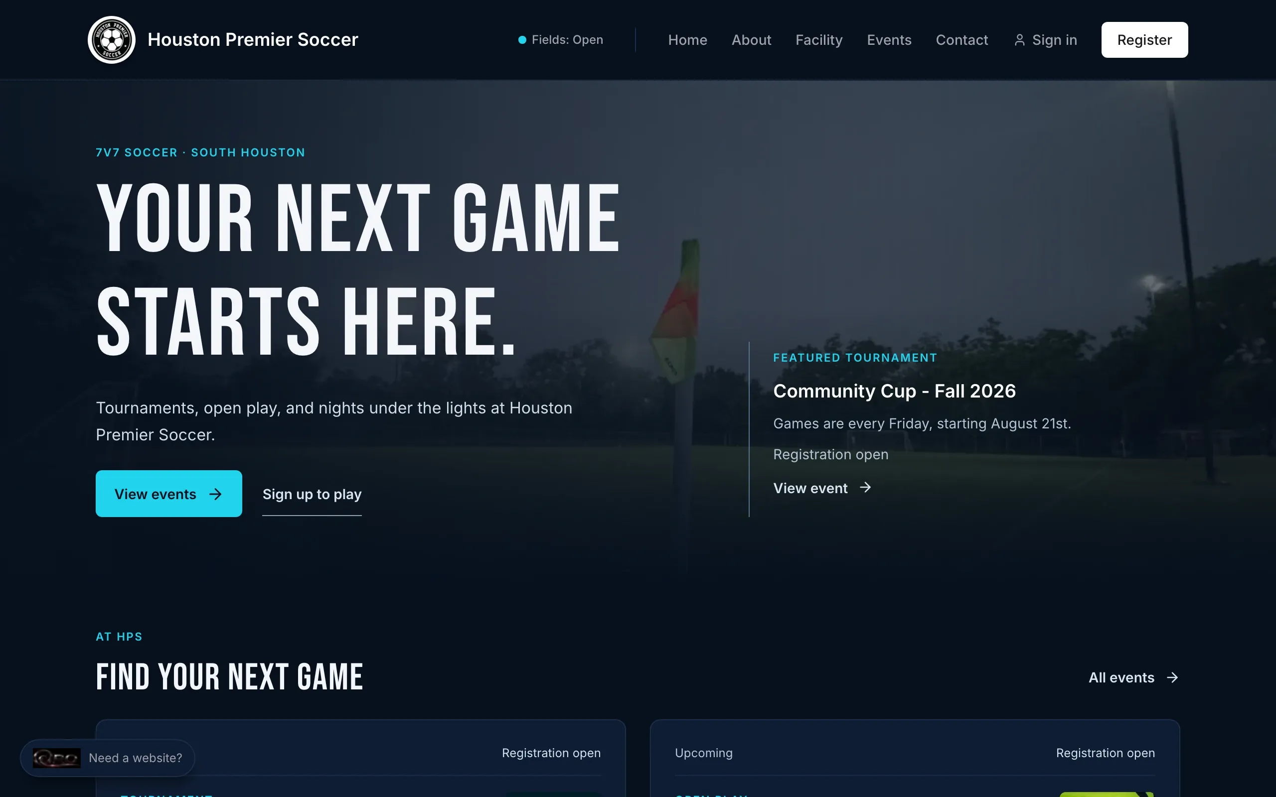 Houston Premier Soccer homepage on a desktop screen
