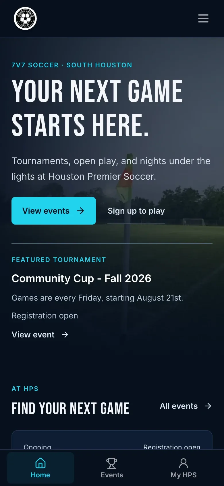 Houston Premier Soccer homepage on a phone