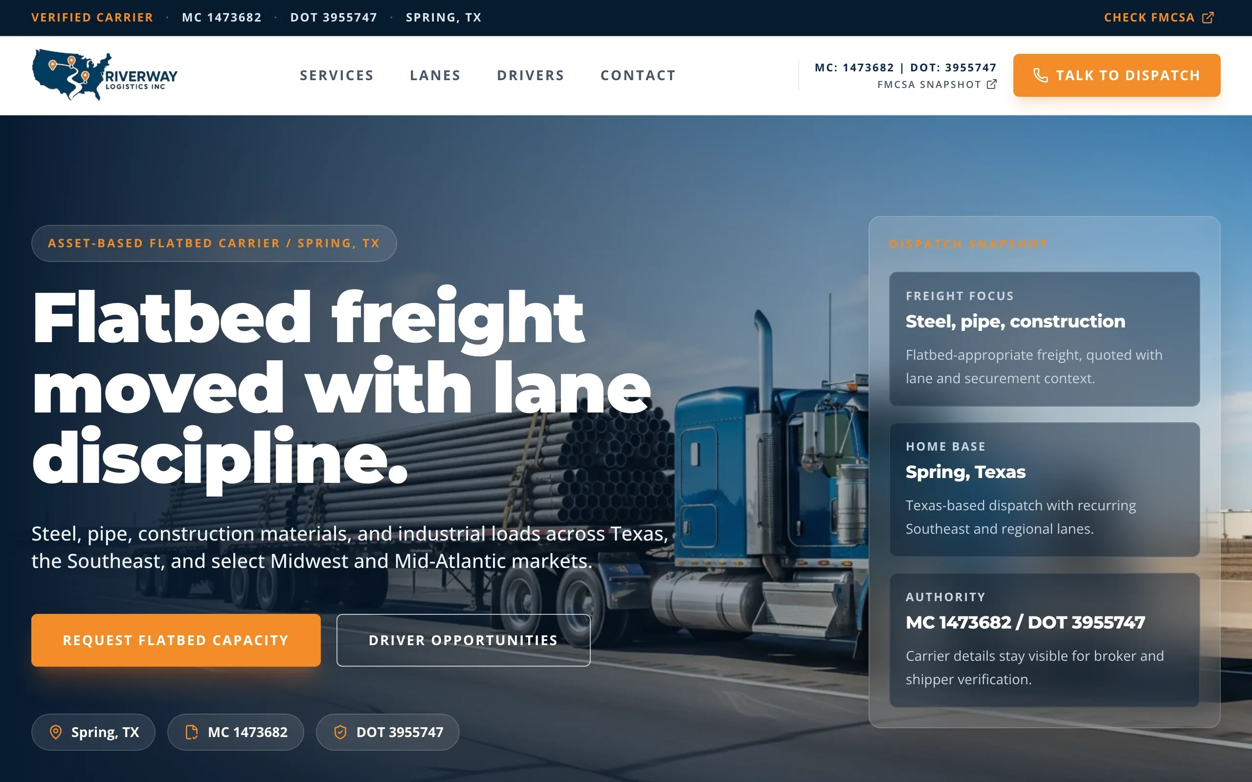 Riverway Logistics homepage on a desktop screen