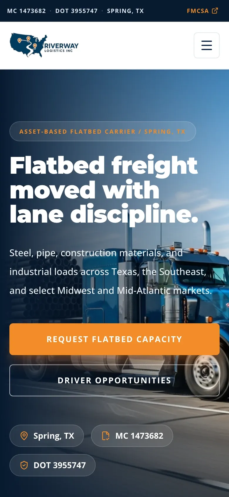 Riverway Logistics homepage on a phone